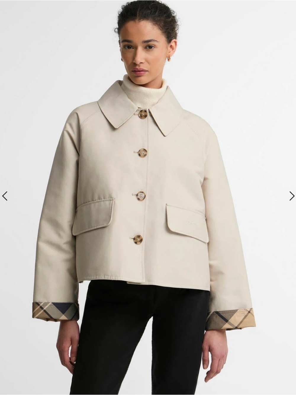 Barbour Cream Short Trench Jacket with Plaid Cuff